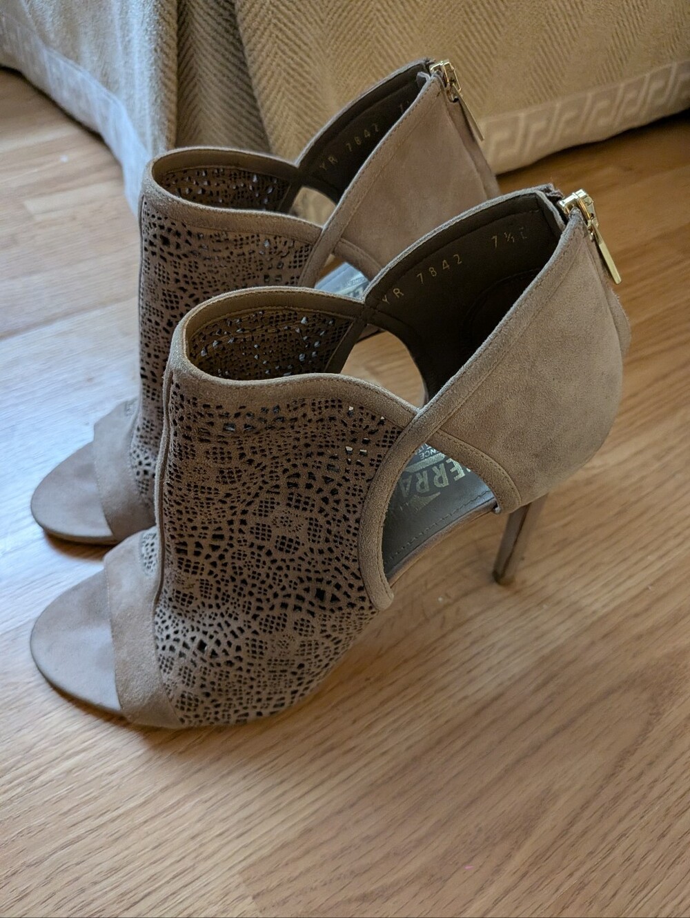 Salvatore Ferragamo Made in Italy Taupe Suede Laser Cut Peep Toe Booties 7.5